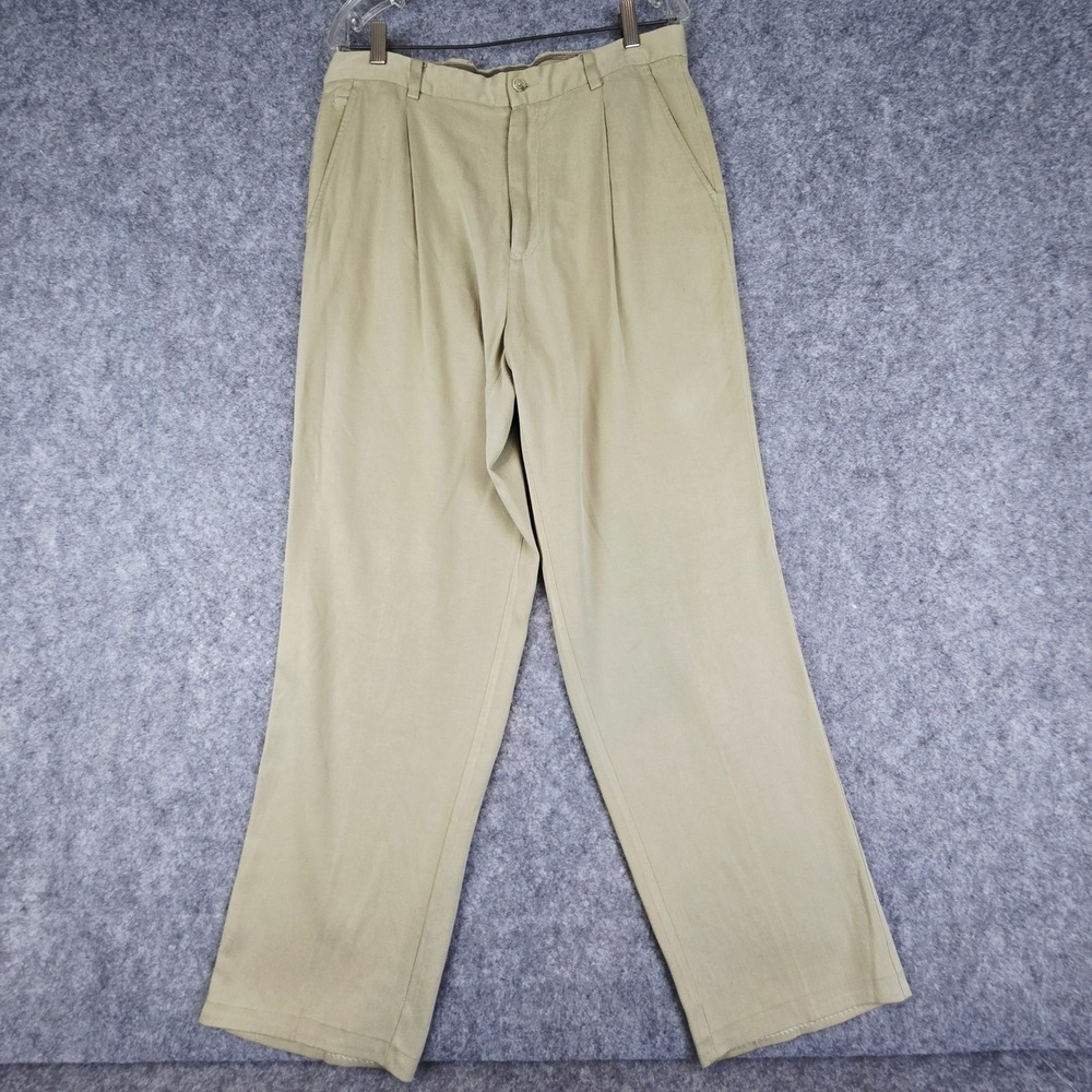 Tommy Bahama Mens 33 Khaki Tan 100% Silk Textured Pleated Straight Leg Pants